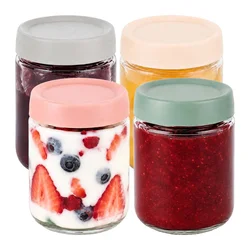 Northix Komplet 4 steklenih kozarcev za marmelado, 450 ml, pastelni pokrovi