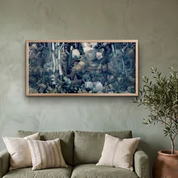 WallXpert uramljena MDF slika ARTSNTMDL11, kubistička kompozicija u plavim i sivim tonovima, 50 x 120 cm