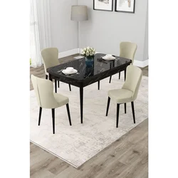 Hanah Home trpezarijski set Due, sto na razvlačenje i 4 stolice, ploča u dekoru crnog mermera, krem tkanina Babyface