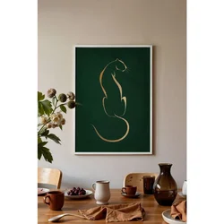WallXpert uramljena slika 115223, zlatna linijska silueta pantera na tamnozelenoj pozadini, 30 x 40 cm, beli ram