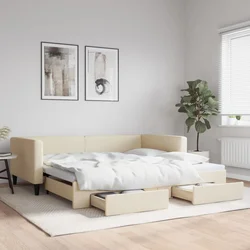 Vidaxl Izvlečna dnevna postelja s predali krem 100x200 cm blago