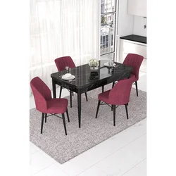 Hanah Home trpezarijski set Nef, sto na razvlačenje i 4 stolice, ploča u dekoru crnog mermera, bordo tkanina Jerry