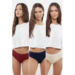 Trendyol Ten-Burgundy-Navy Blue 3-Pack Cotton Lace Detailed Comfortable Hipster Knitted Panties