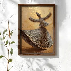 WallXpert uramljena MDF slika NAL152-70, derviš u plesu ukrašen kaligrafijom u zlatnim tonovima, 50 x 70 cm