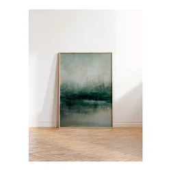 WallXpert uramljena slika 115220, apstraktni pejzaž jezera u zelenim i sivim tonovima, 50 x 70 cm, ram u boji prirodnog drveta
