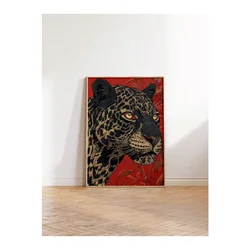 WallXpert uramljena slika 115268, portret leoparda na crvenoj pozadini, 50 x 70 cm, ram u boji prirodnog drveta