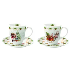 Set of 2 teacups with saucers, porcelain, 110 ml, Nostalgic Christmas