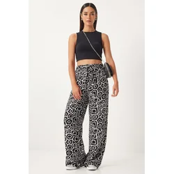 Happiness Istanbul Womens Off-White Black Patterned Loose Viscose Palazzo Trousers