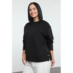 Trendyol Curve Black Snap Detail Regular/Normal Pattern Crew Neck Knitted Sweatshirt
