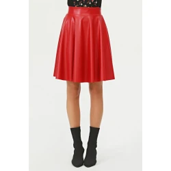 88854 Dewberry Flared Faux Leather Skirt-RED