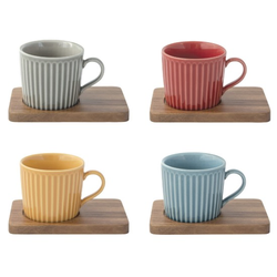 4-piece porcelain cup set, with wooden saucers, 110ml, Take a Break