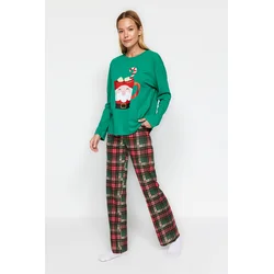Trendyol Green 100% Cotton New Year Themed Tshirt-Pants Knitted Pajama Set