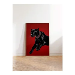 WallXpert uramljena slika 115261, crni panter sa ogrlicom na crvenoj pozadini, 50 x 70 cm, ram u boji prirodnog drveta