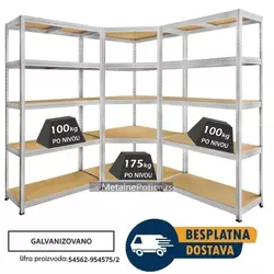 Ugaona polica 180x90x90x40cm + 2 police 180x75x40cm, 5x100kg galva