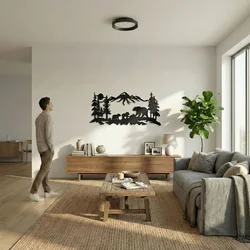 WallXpert metalni zidni ukras 5454, medvedica sa mladuncima u planinskom pejzažu sa šumom, 60 x 26 cm, crni
