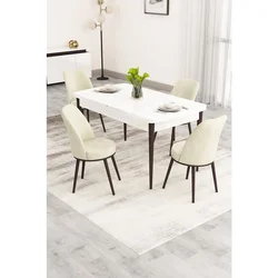 Hanah Home trpezarijski set Nix, sto na razvlačenje i 4 stolice, bela ploča, braon noge, krem tkanina Babyface