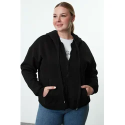 Trendyol Curve Black Hooded Plus Size Knitted Sweatshirt with Fleece Inside and Zipper on the Front