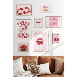 WallXpert set od 8 manjih uramljenih slika Çgs-054, retro motivi u roze i crvenoj – pin-up žena, usne, trešnje, tulipani i karte, ram u boji prirodnog drveta