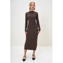 Trend Alaçati Stili Womens Brown Crew Neck Long Sleeve Interlock Fabric Maxi Length Dress