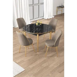 Hanah Home trpezarijski set Osle, sto i 4 stolice, ploča u dekoru crnog mermera, zlatne noge, kapućino tkanina Babyface