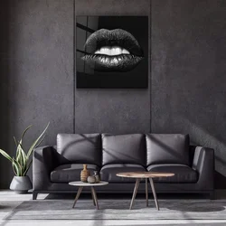 WallXpert slika na kaljenom staklu Kgls_3050, srebrnocrne usne sa kapima na crnoj pozadini, 40 x 40 cm