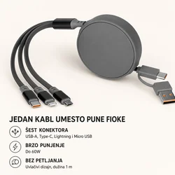 USB kabl ONES 6u1 - Type-C/USB na Type-C, Lightning i Micro USB, 60W, uvlačivi, sivi