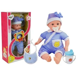Punčka Beba s modro oblačilom in rekviziti - 45 cm
