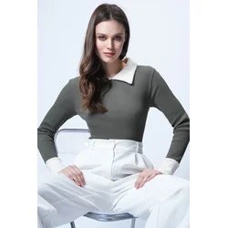 Trend Alacati Stili Ženska bluza dugih rukava Alc-X13511, Polo kragna, Siva