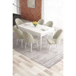 Hanah Home trpezarijski set Elf, sto na razvlačenje i 6 stolica, bela ploča, krem tkanina Babyface