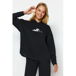 Trendyol Black Cotton Cat Printed Sweatshirt-Pants Knitted Pajama Set