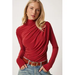 Happiness Istanbul Womens Tile Ruffle Detail Sandy Blouse with Stand-up Collar