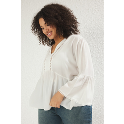 Trendyol Curve White V Neck Long Sleeve Textured Peplum Woven Plus Size Blouse