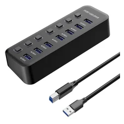 PREMIUMCORD Vozlišče USB 3.2, 7-vratno, s stikali za vrata, 5G SuperSpeed, črno