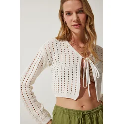 Happiness Istanbul Womens Ecru Openwork Knitwear Bolero Cardigan