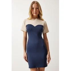 Happiness Istanbul Womens Cream Navy Color Block Wrap Mini Knitted Dress