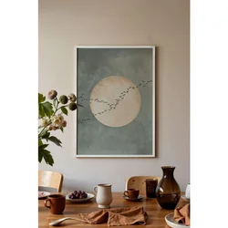 WallXpert uramljena slika 115213, pun mesec i jato ptica na sivozelenoj pozadini, 30 x 40 cm, beli ram