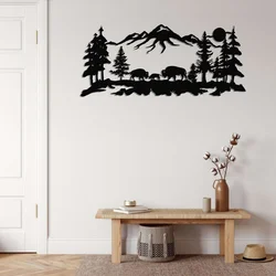 WallXpert metalni zidni ukras 5328, bizoni u planinskom pejzažu sa šumom, 100 x 44 cm, crni