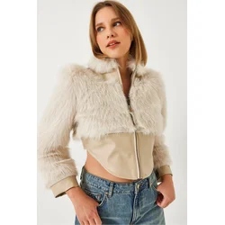 Bianco Lucci Womens Leather Garni Detailed Crop Faux Fur Jacket 2622
