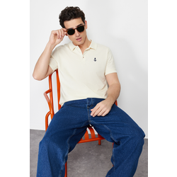 Trendyol Stone Regular Short Sleeve Textured 100% Cotton Polo Neck T-shirt