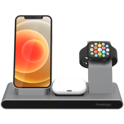 Prestigio ReVolt A7, 3-in-1 wireless charging station for iPhone, Apple Watch, AirPods, wilreless output for phone 7.5W/10W, wireless output for AirPods 5W, wireless output for Apple Watch 2.5W, material: aluminum+tempered glass, space grey color