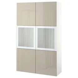 BESTA Komb.odlaganje,staklena vrata, bela/Selsviken v. sjaj bež m. staklo, 120x42x193 cm