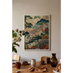 WallXpert uramljena slika 115250, snežni leopard u orijentalnom stilu među planinama i oblacima, 30 x 40 cm, beli ram