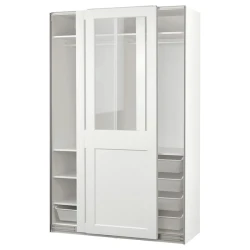 PAX / GRIMO Garderober i klizna vrata, bela/bistro staklo bela, 150x66x236 cm