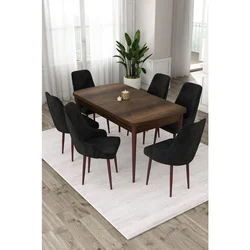 Hanah Home trpezarijski set Eta, sto na razvlačenje i 6 stolica, ploča u dekoru drveta Baroque, crna tkanina Babyface