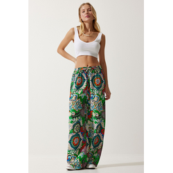 Happiness Istanbul Womens Green Orange Patterned Flowing Viscose Palazzo Trousers