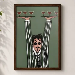WallXpert uramljena MDF slika 3752KACT-061, konobar sa čašama vina na poslužavnicima na zelenoj pozadini, 37 x 52 cm