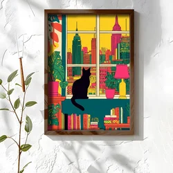 WallXpert uramljena MDF slika NAL027-46, crna mačka na prozoru sa pogledom na nebodere, pop art, 35,5 x 47 cm