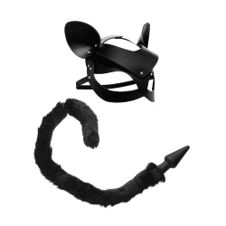 Tailz Black Cat Tail Anal Plug & Mask Set Black