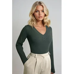 Trend Alacati Stili Ženska bluza dugih rukava Alc-X13330, V-izrez, Tamnozelena