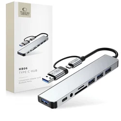 slomart Adapter Tech-Protect HB06 HUB Adapter 8v1 TYP-C + USB2.0 + USB3.0 + SD/TF + AV3.5 - siv